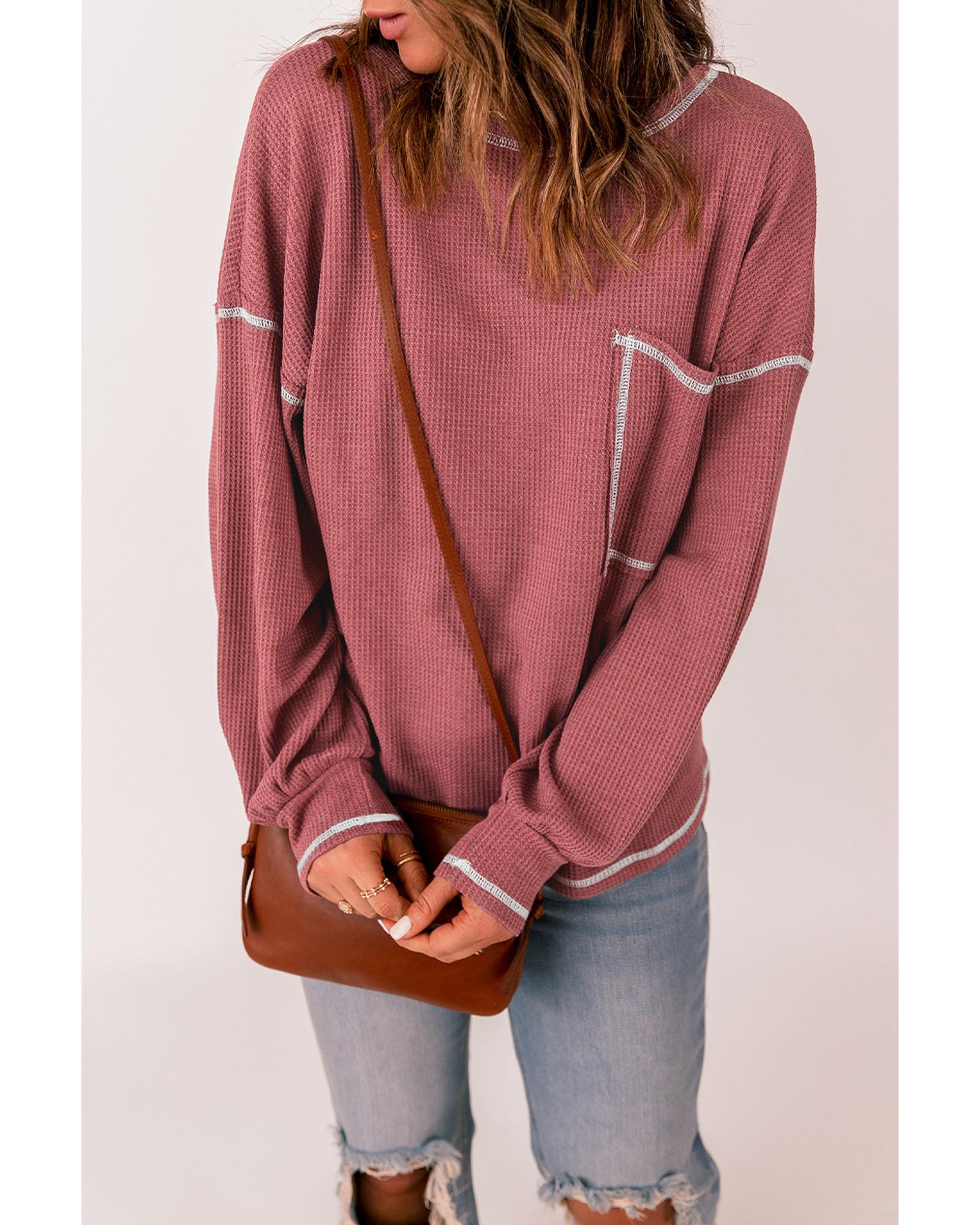 Azura Exchange Stylish Contrast Stitching Waffle Knit Pullover