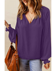 Azura Exchange Purple Pleated V Neck Puffy Sleeve Blouse - M