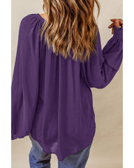 Azura Exchange Purple Pleated V Neck Puffy Sleeve Blouse - M