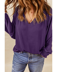 Azura Exchange Purple Pleated V Neck Puffy Sleeve Blouse - M