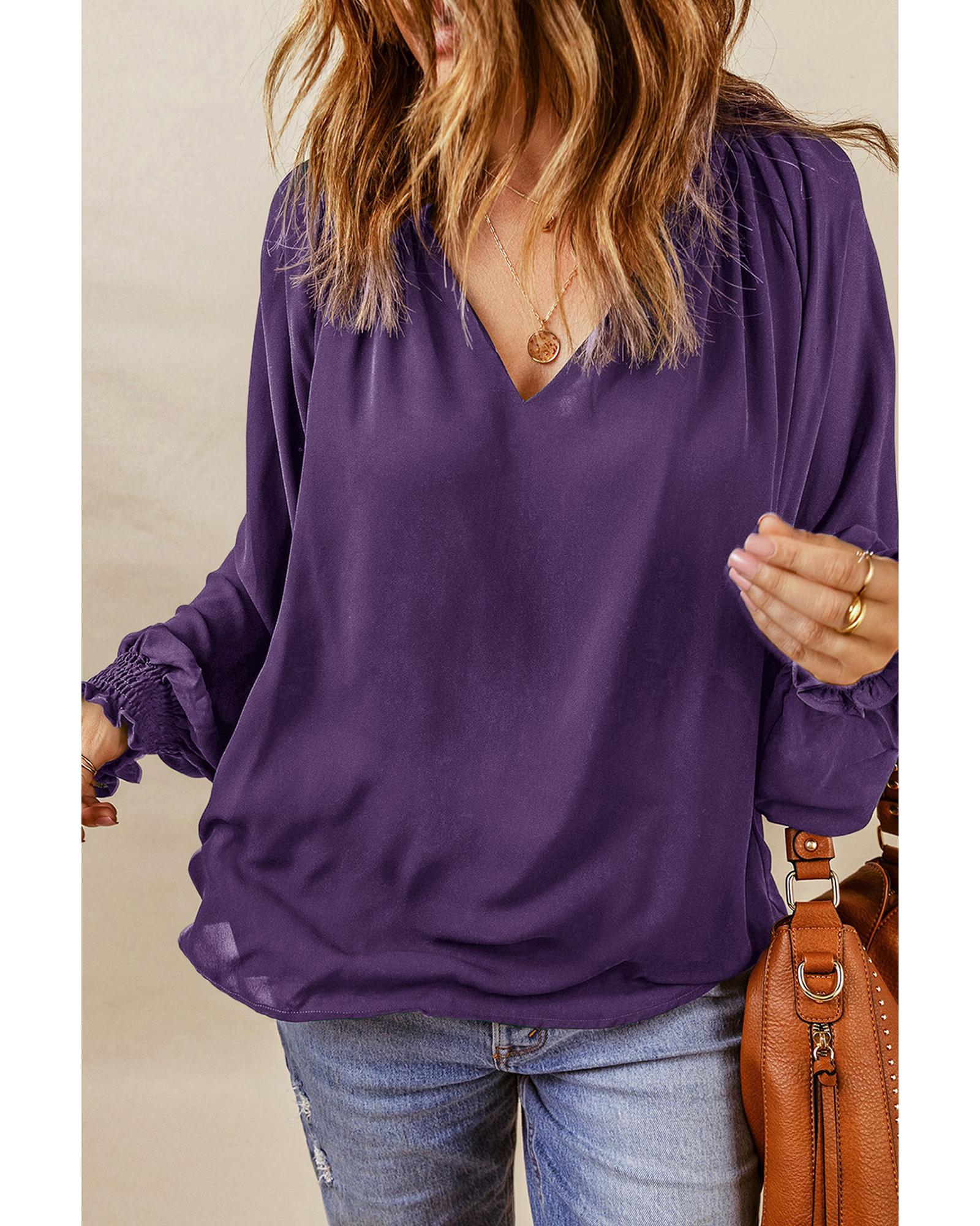 Azura Exchange Purple Pleated V Neck Puffy Sleeve Blouse - M