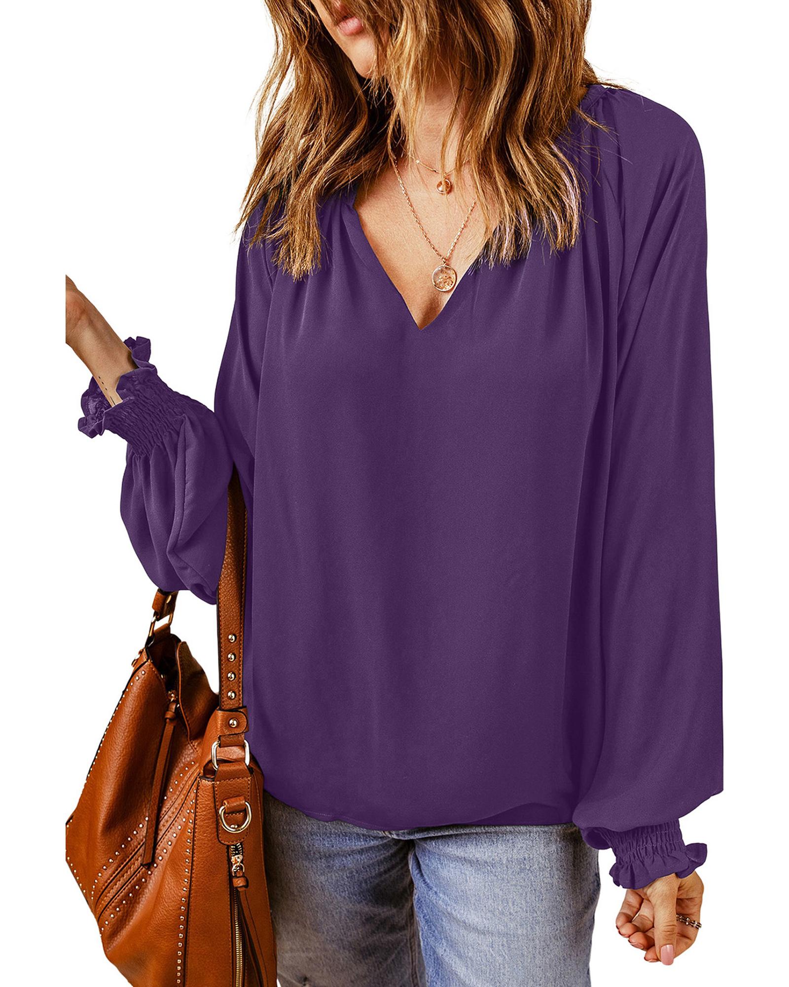 Azura Exchange Purple Pleated V Neck Puffy Sleeve Blouse - M