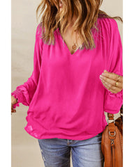 Azura Exchange Pleated V Neck Puffy Sleeve Blouse - M