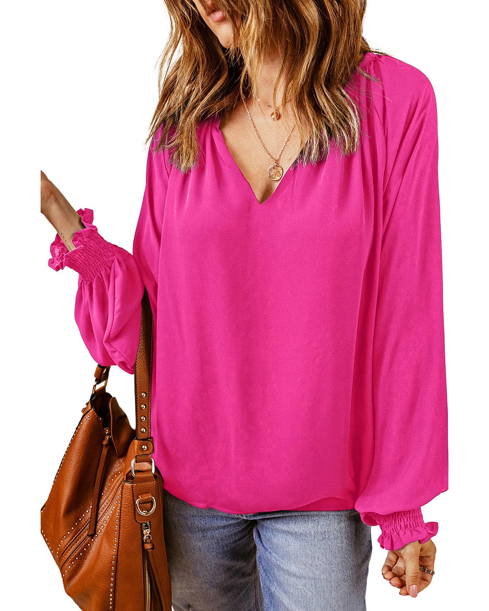 Azura Exchange Pleated V Neck Puffy Sleeve Blouse - M