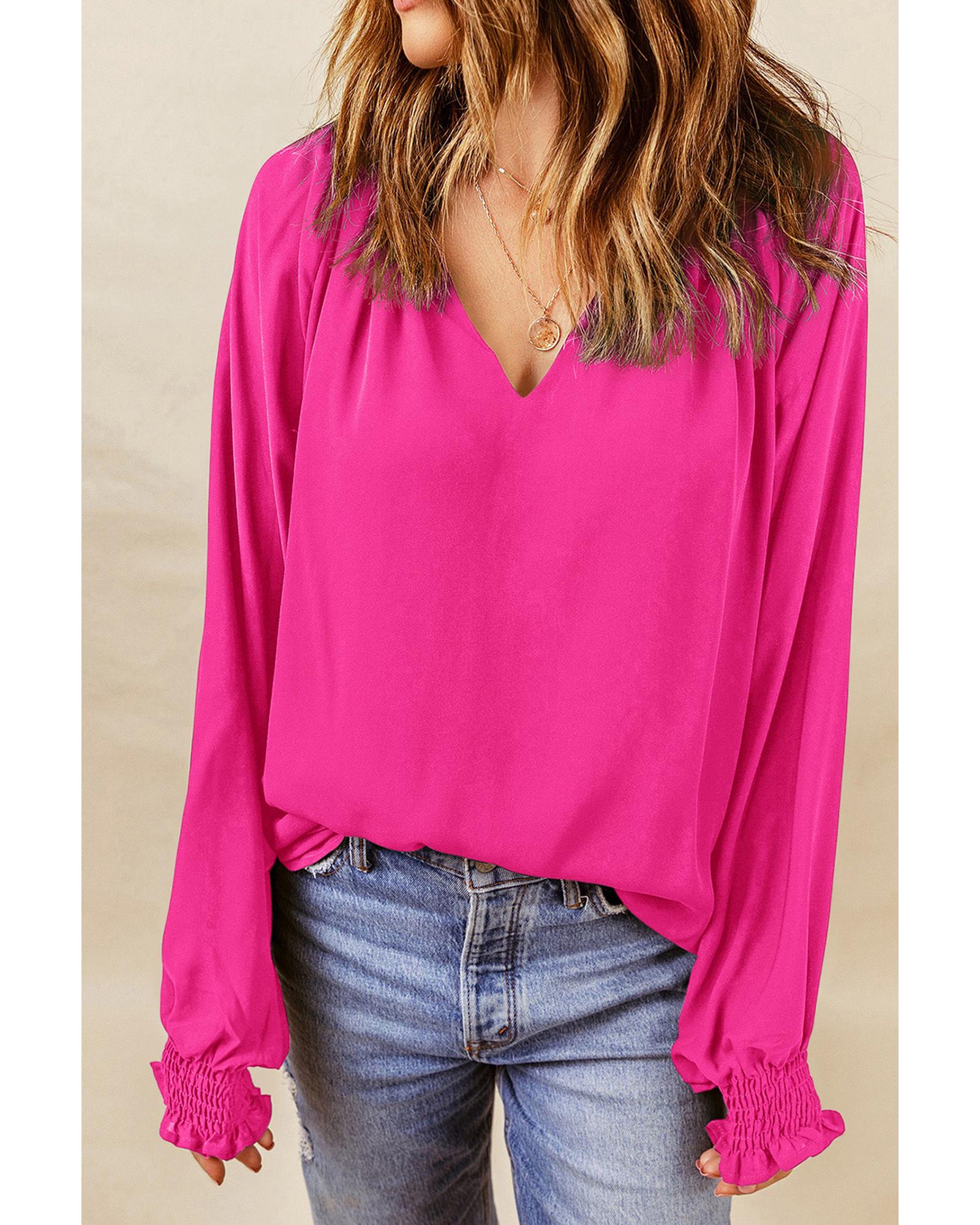 Azura Exchange Pleated V Neck Puffy Sleeve Blouse - M