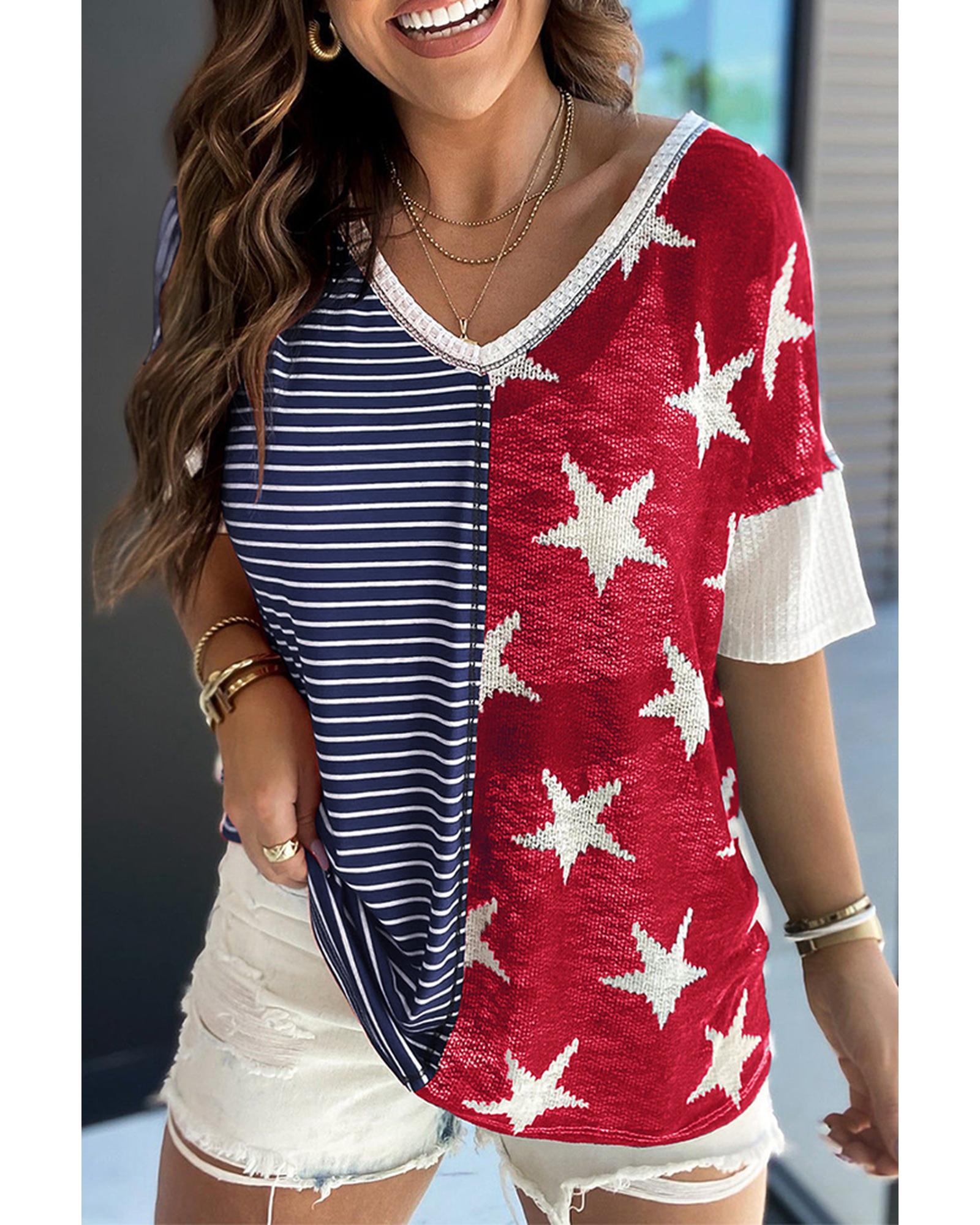 Azura Exchange Stripes Stars Print Knit Short Sleeves Top - S