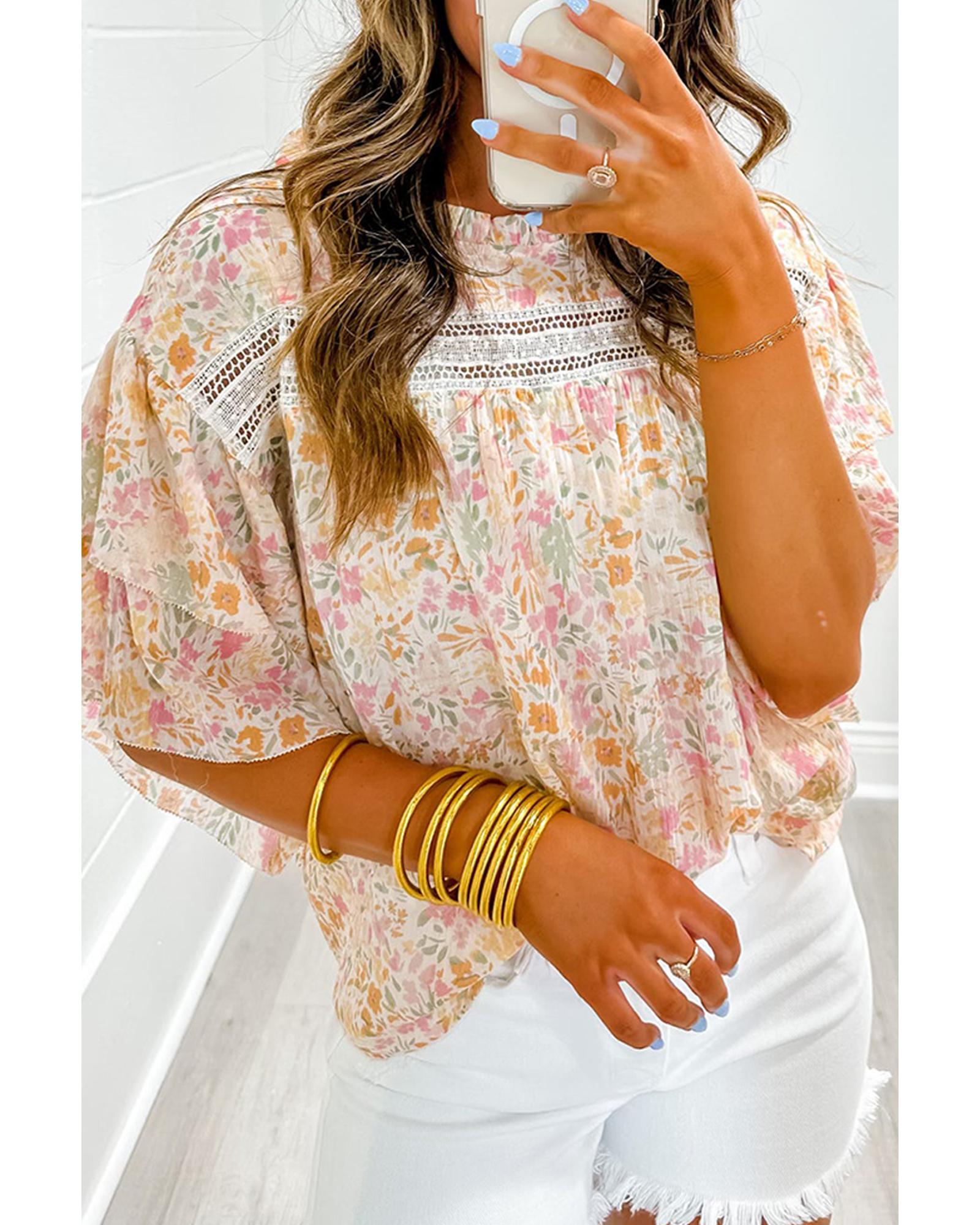 Azura Exchange Floral Print Wide Ruffle Sleeves Blouse - L