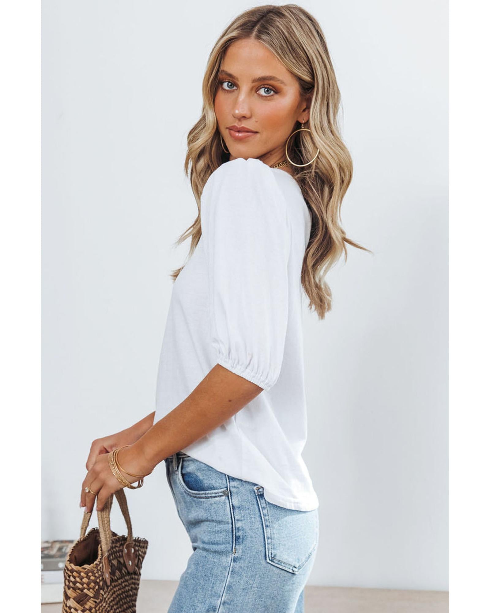 Azura Exchange Puff Sleeve Keyhole Back Top