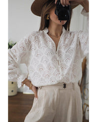 Azura Exchange Exaggerated Silhouette White Lace Blouse with Hollow Outs - S