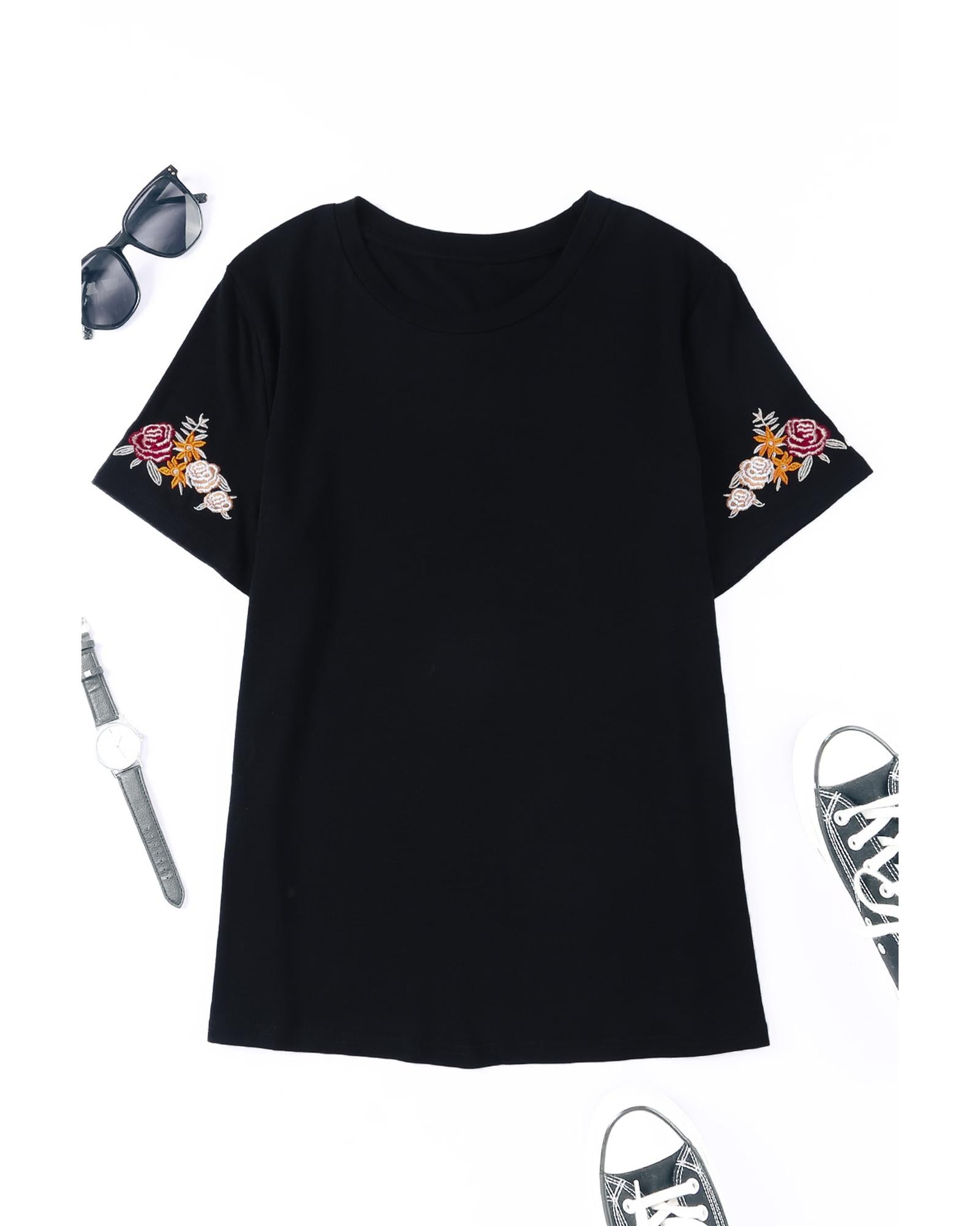 Azura Exchange Embroidered Short Sleeve T-Shirt with Floral Detail