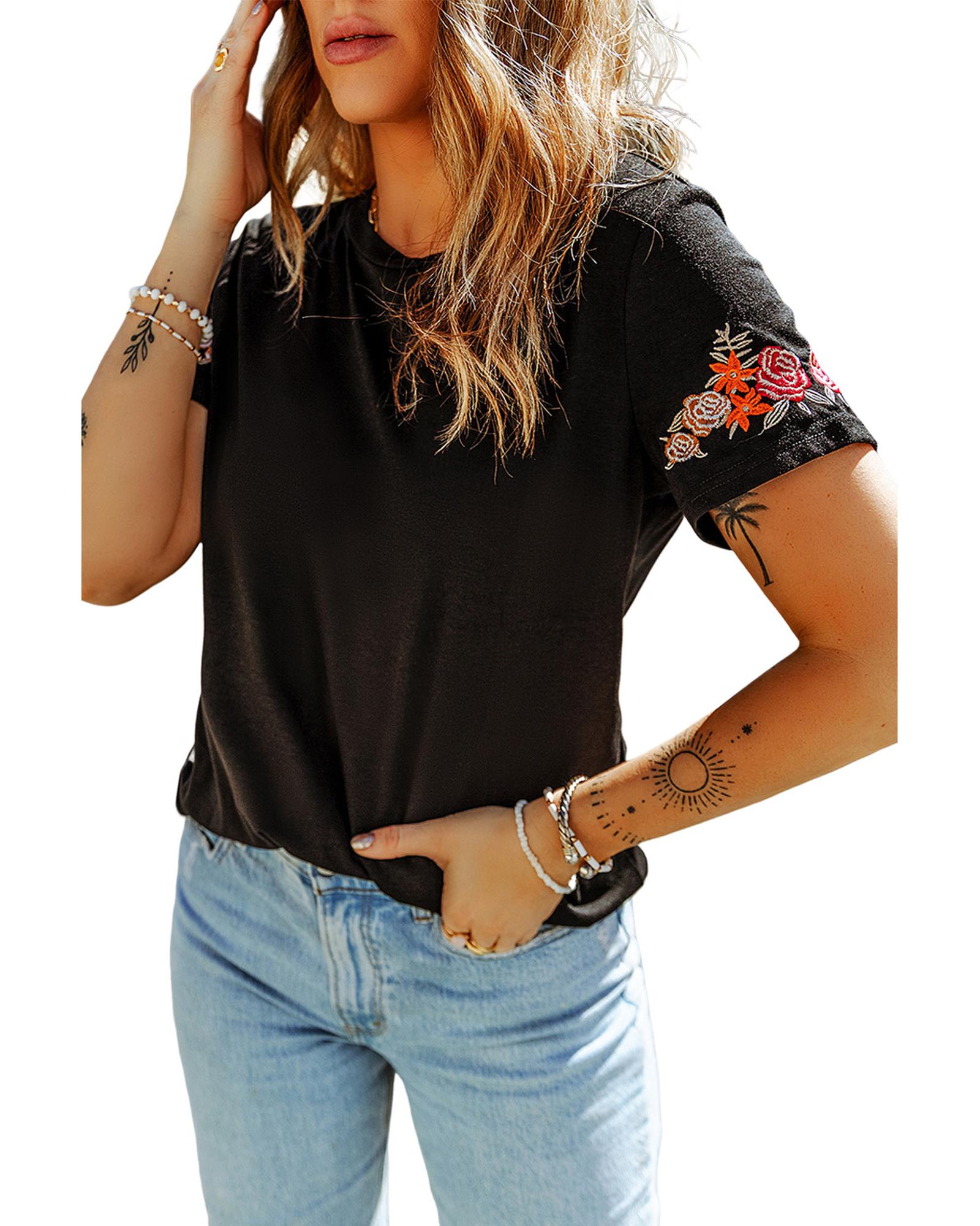 Azura Exchange Embroidered Short Sleeve T-Shirt with Floral Detail