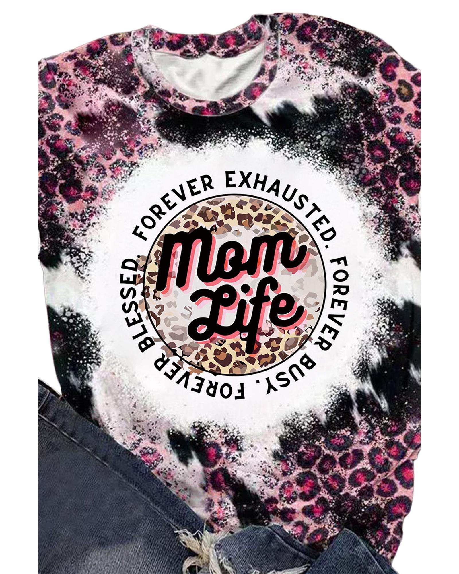 Azura Exchange Leopard Print Graphic Tee with Mom Life Slogan