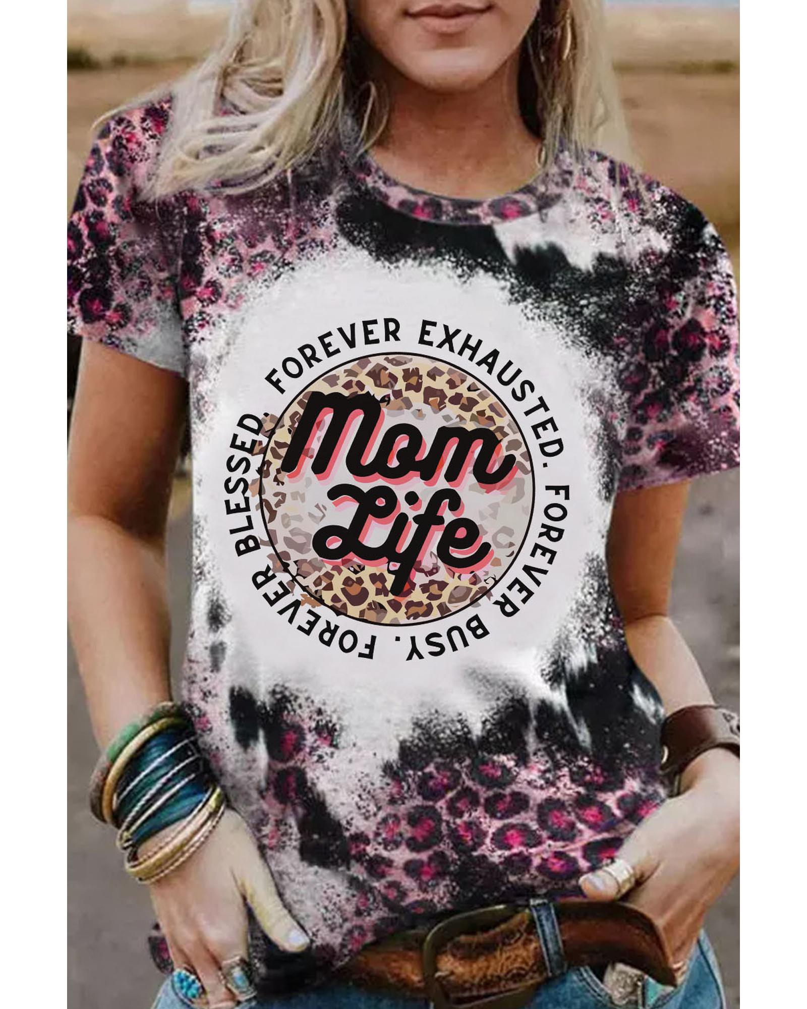 Azura Exchange Leopard Print Graphic Tee with Mom Life Slogan