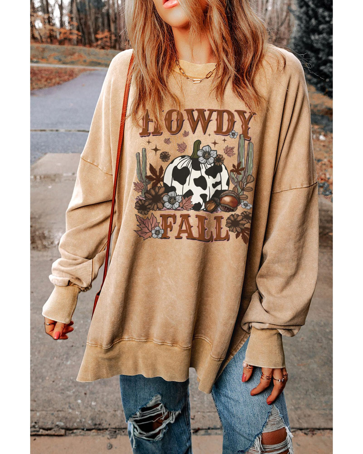 Azura Exchange Howdy Fall Pumpkin Print Split Hem Sweatshirt - 2XL