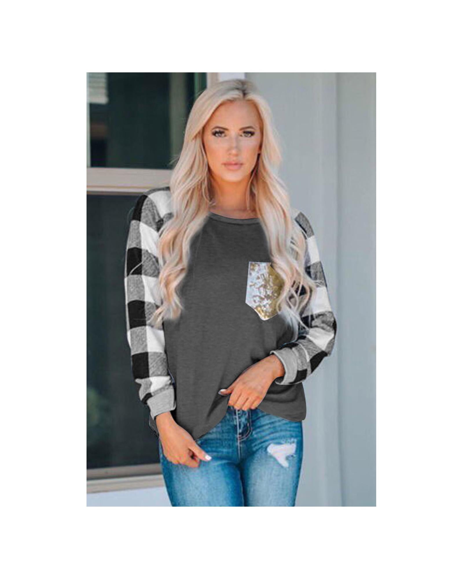 Azura Exchange Sequined Pocket Plaid Long Sleeve Top - S