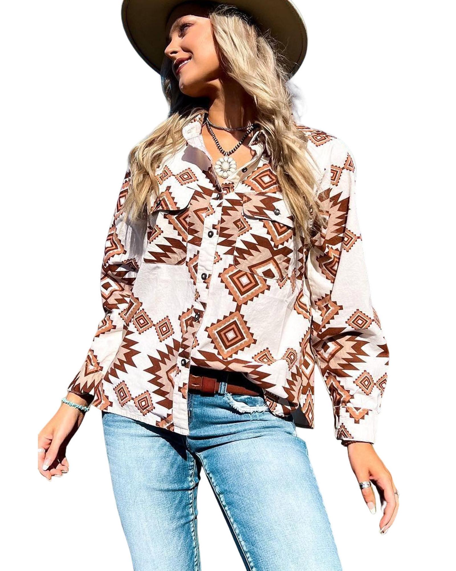 Azura Exchange Button Flap Pocket Shirt with Western Aztec Pattern - S