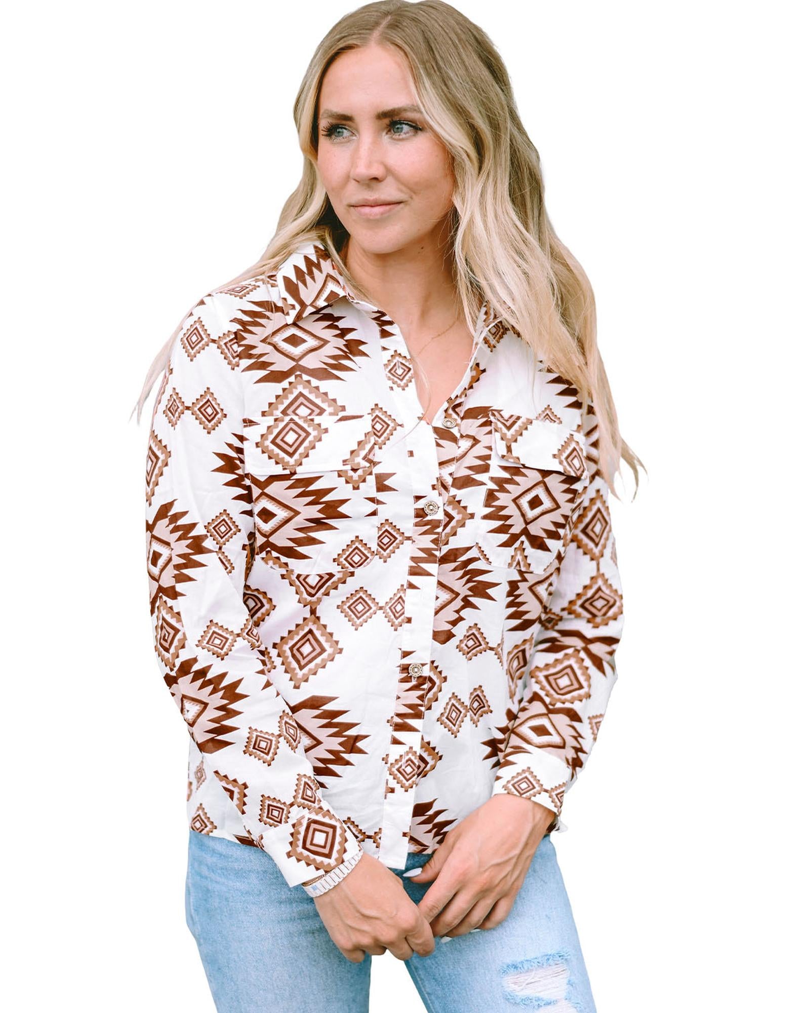 Azura Exchange Button Flap Pocket Shirt with Western Aztec Pattern - S