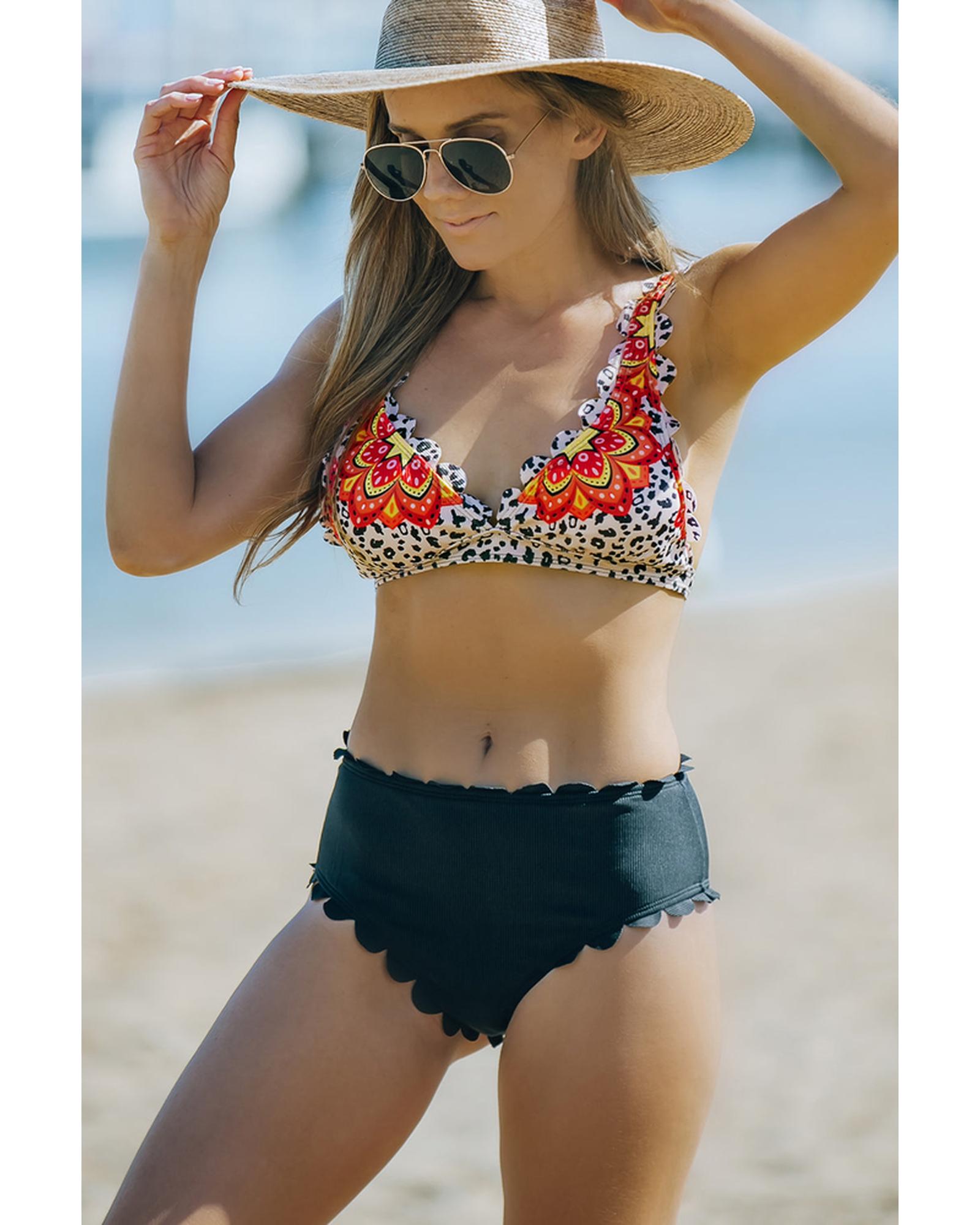 Azura Exchange High Waist Floral Leopard Bikini