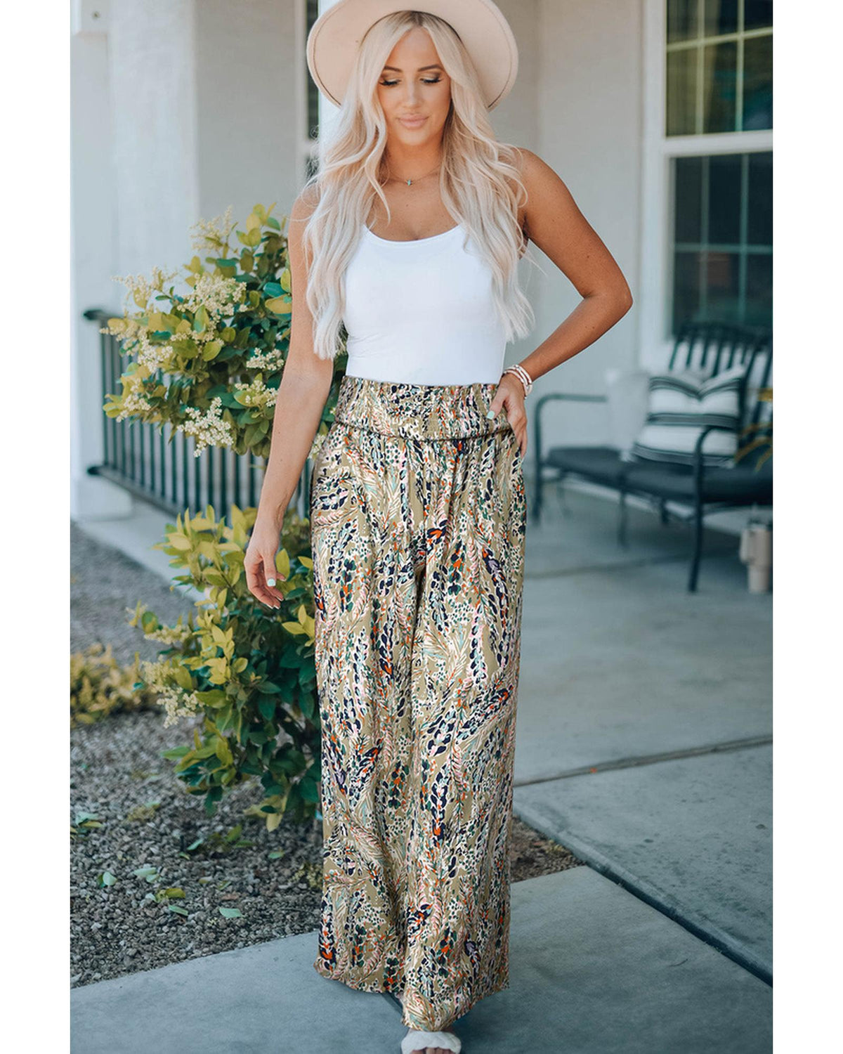 Azura Exchange Floral Print Shirred High Waist Wide Leg Pants - L