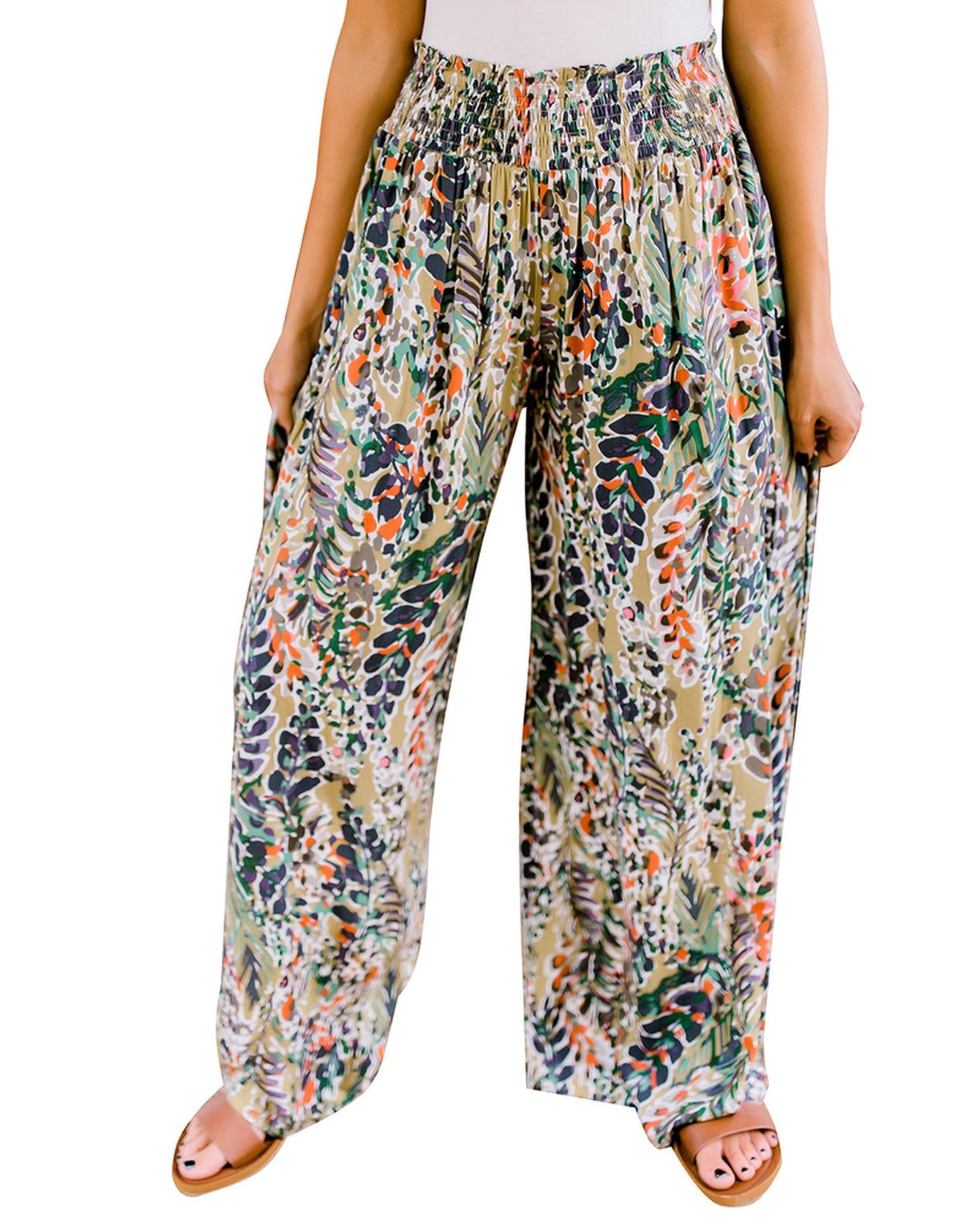 Azura Exchange Floral Print Shirred High Waist Wide Leg Pants - L