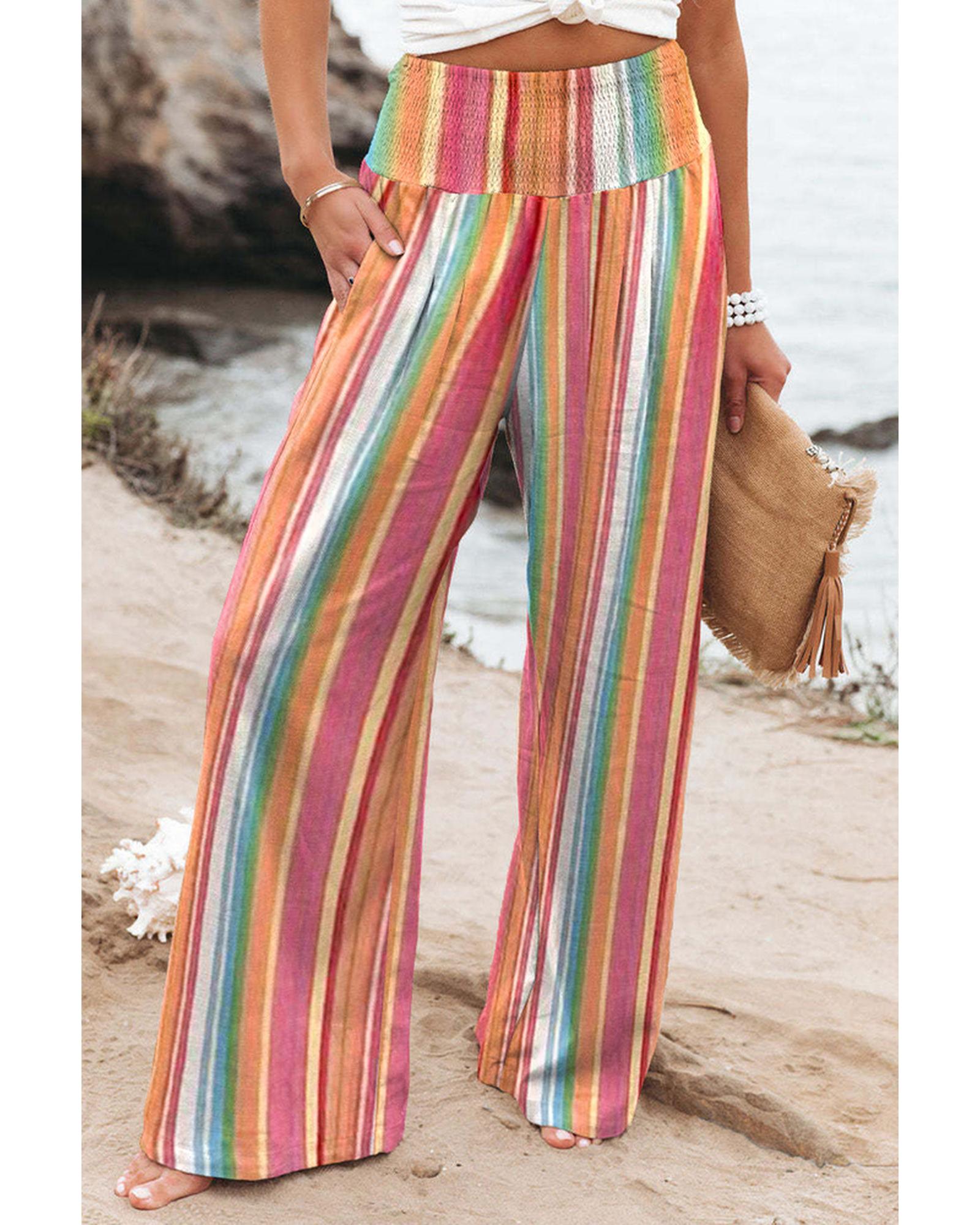 Azura Exchange Striped Smocked High Waist Wide Leg Pants