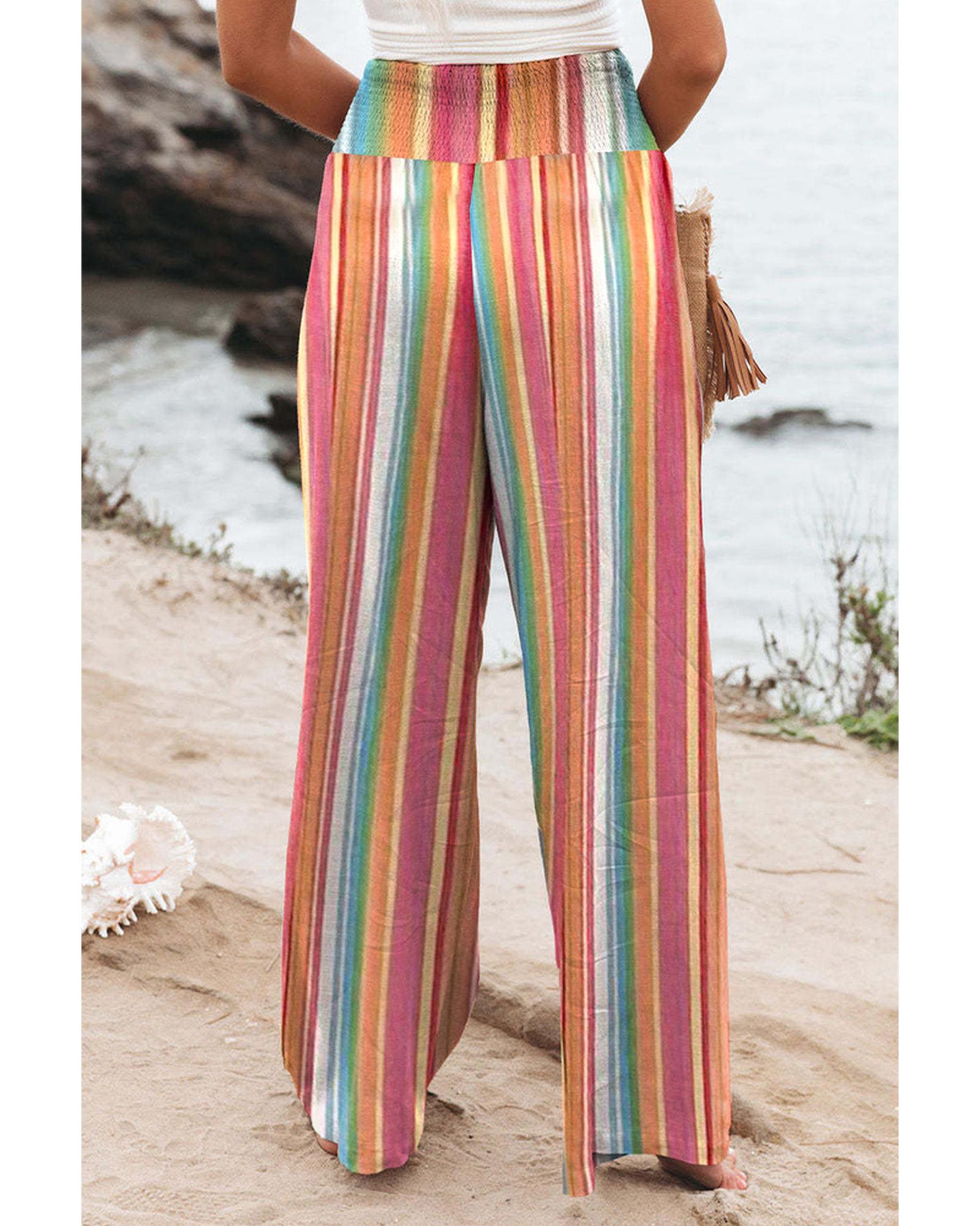 Azura Exchange Striped Smocked High Waist Wide Leg Pants