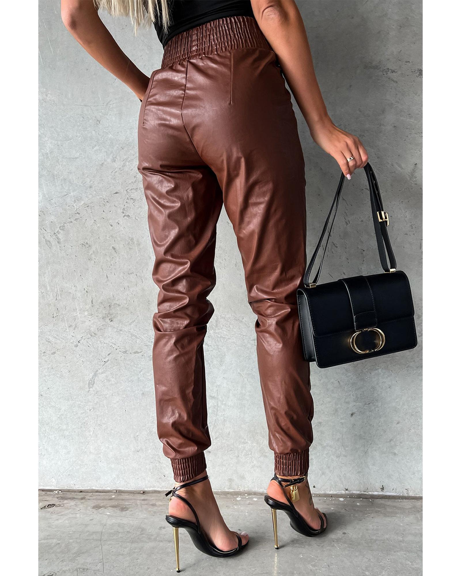 Azura Exchange Smocked High-Waist Leather Skinny Pants