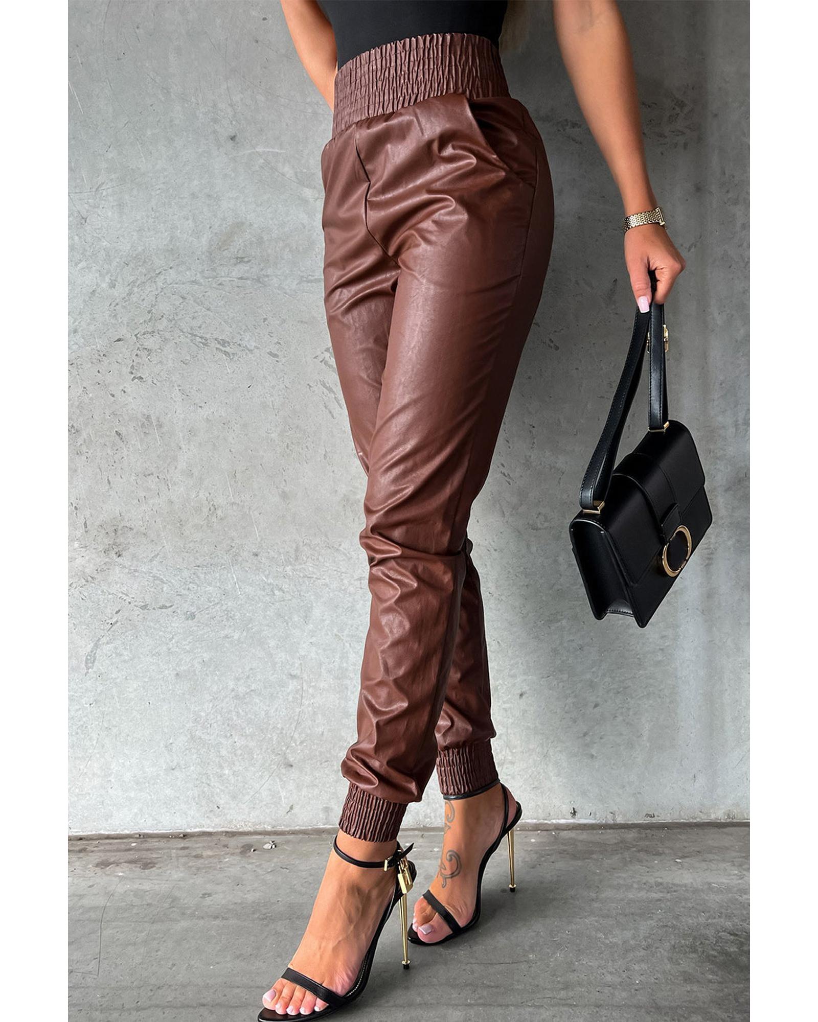 Azura Exchange Smocked High-Waist Leather Skinny Pants