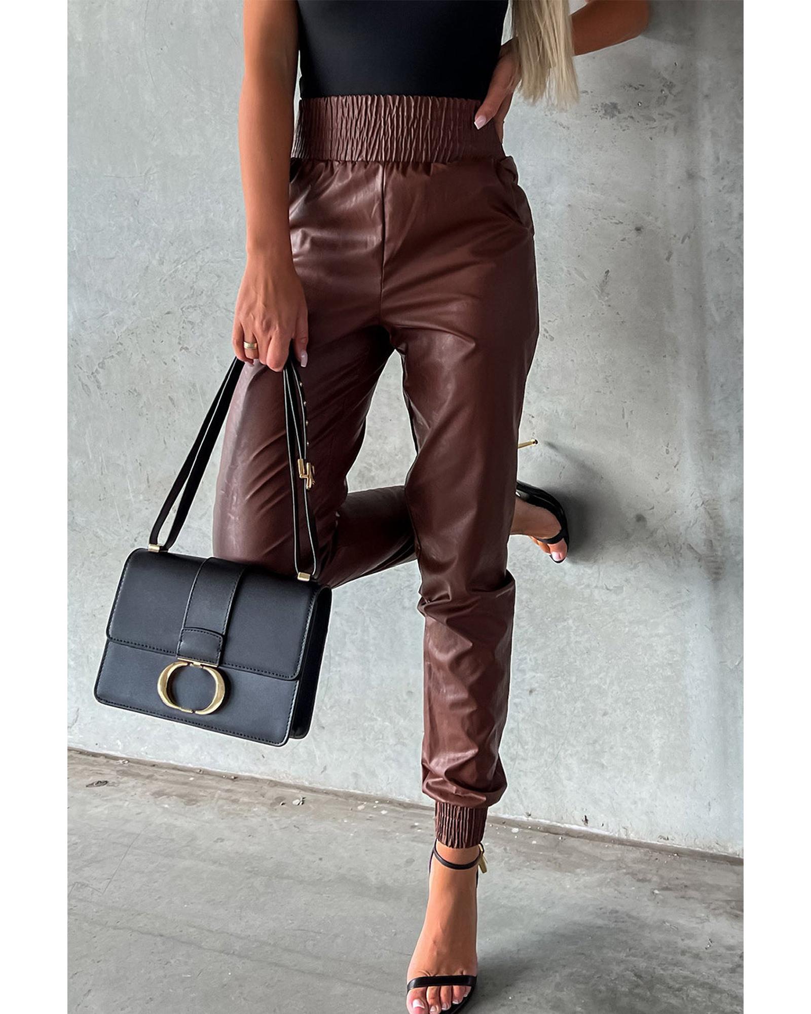 Azura Exchange Smocked High-Waist Leather Skinny Pants