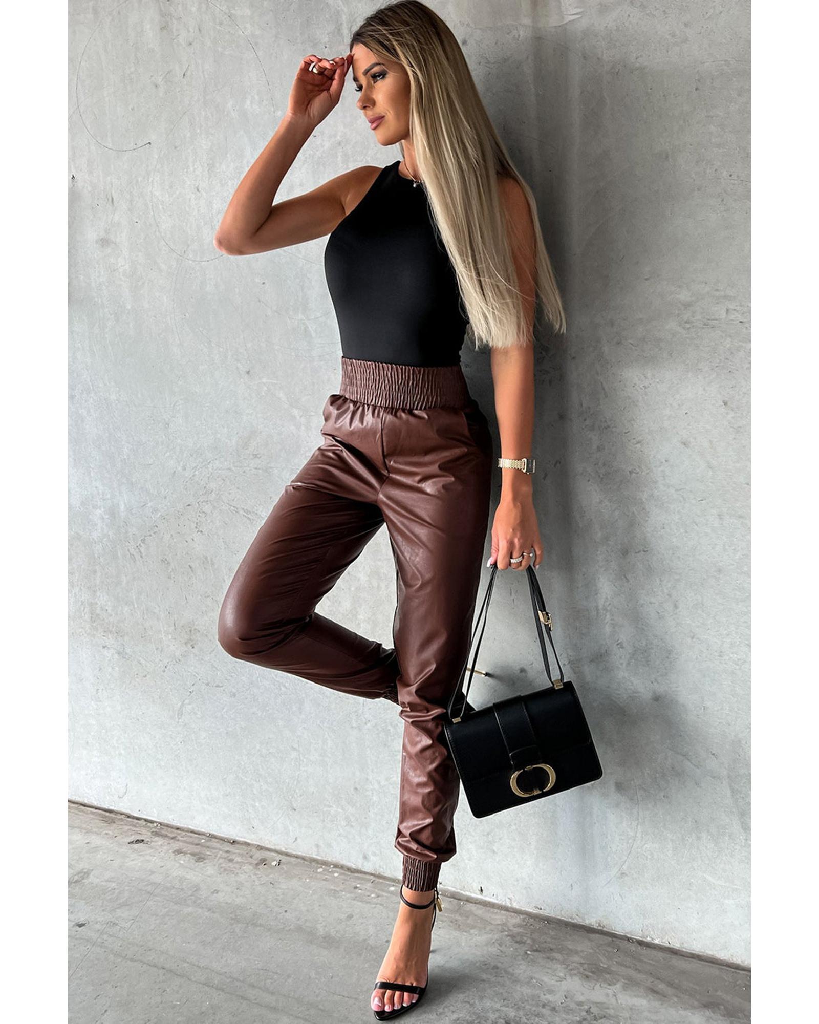 Azura Exchange Smocked High-Waist Leather Skinny Pants