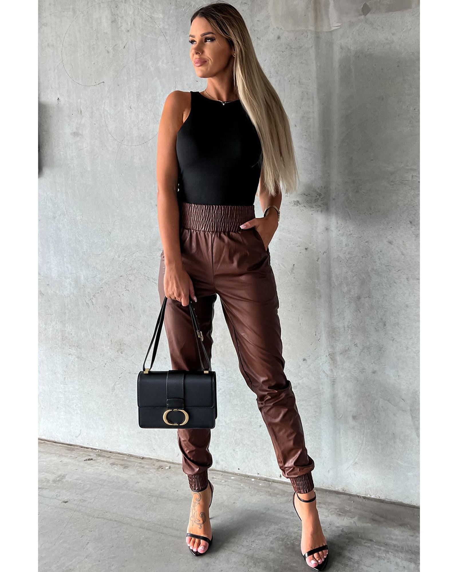 Azura Exchange Smocked High-Waist Leather Skinny Pants