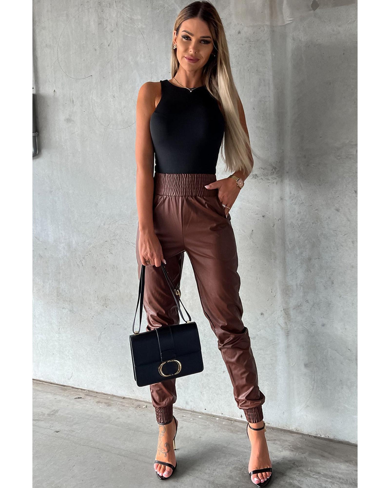 Azura Exchange Smocked High-Waist Leather Skinny Pants