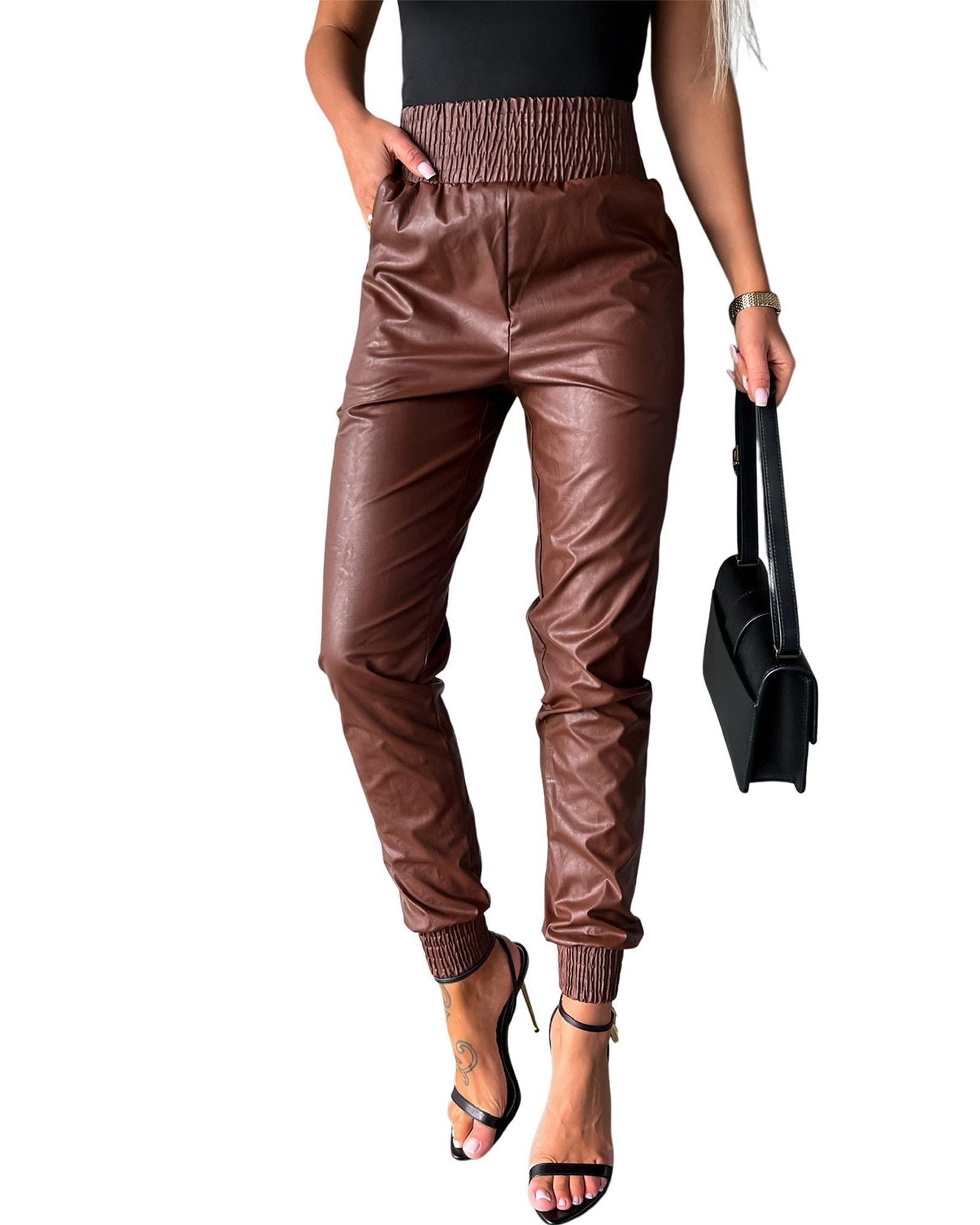 Azura Exchange Smocked High-Waist Leather Skinny Pants