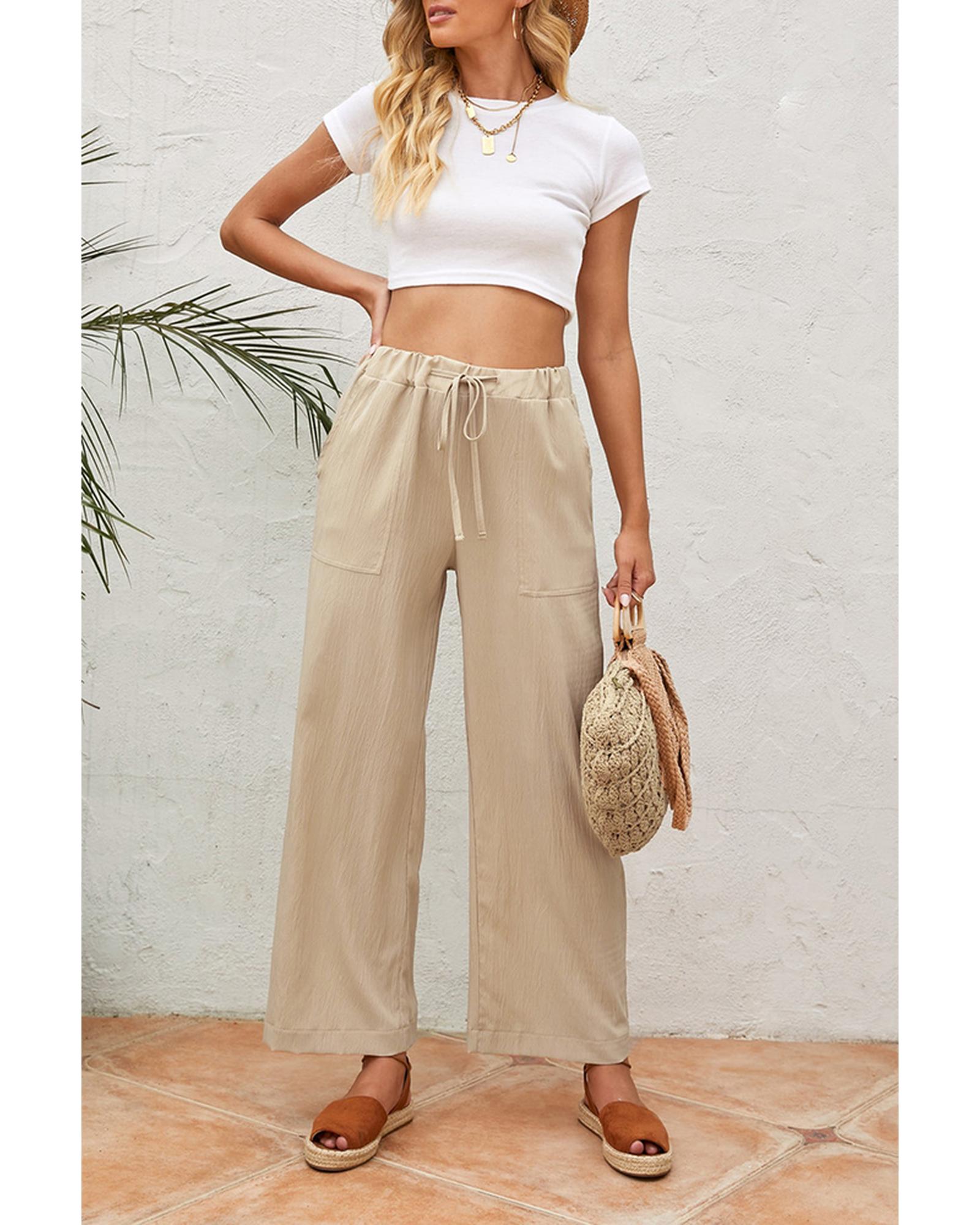 Azura Exchange Drawstring Waist Crinkled Wide Leg Pants