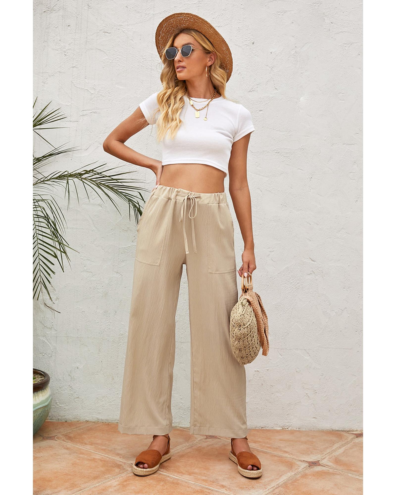 Azura Exchange Drawstring Waist Crinkled Wide Leg Pants