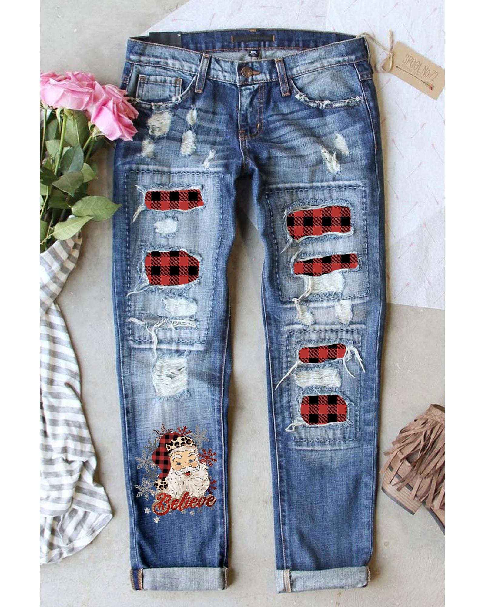 Exchange Plaid Splicing Distressed Jeans