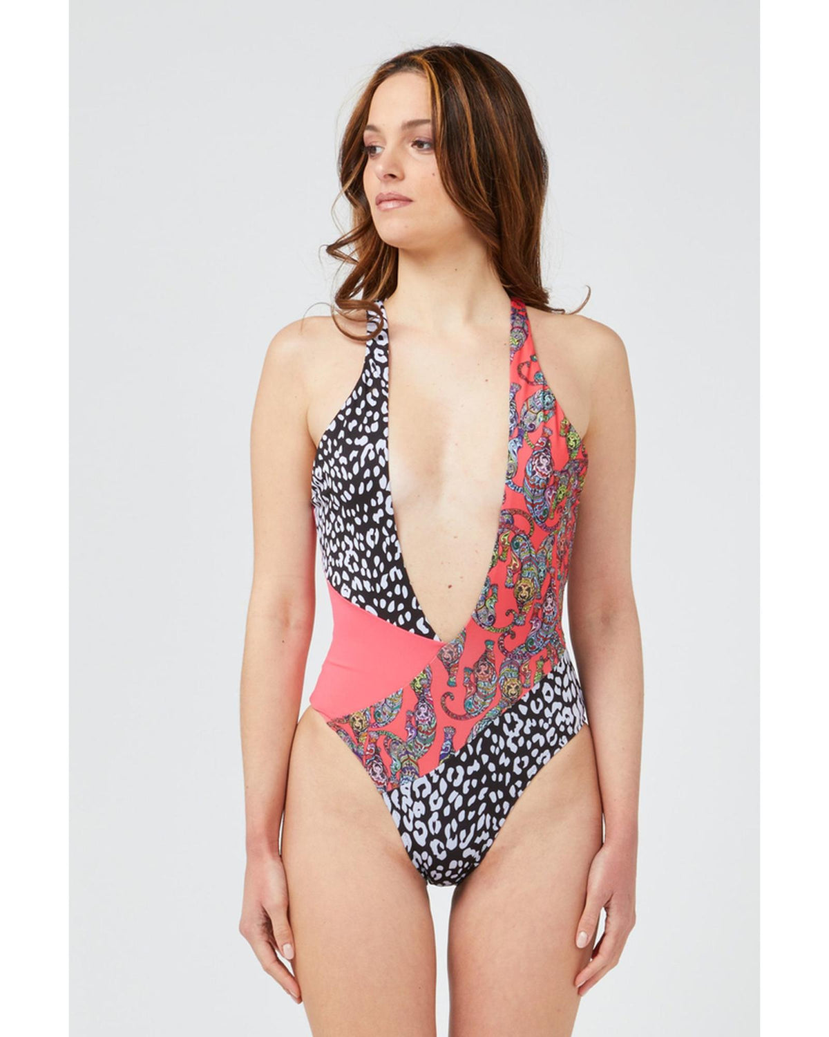 Patterned Body Swimsuit with Wide Neckline Women