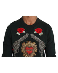 Dolce & Gabbana Green Cotton Crystal Heart Roses Embroidered Pullover Sweater 48 IT Men