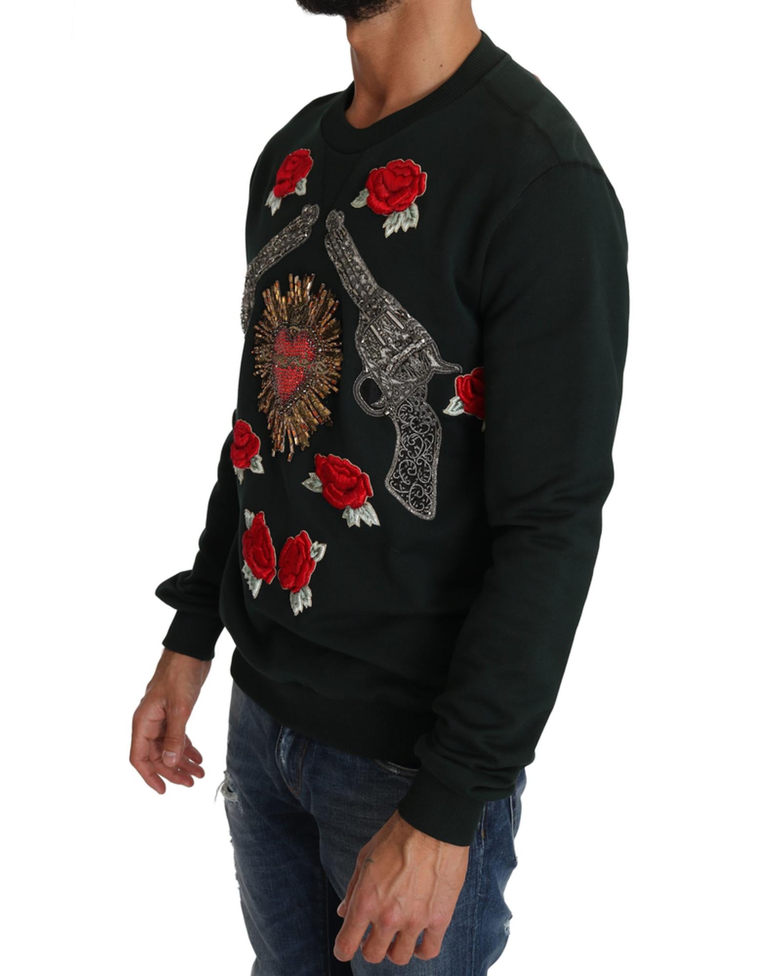 Dolce & Gabbana Green Cotton Crystal Heart Roses Embroidered Pullover Sweater 48 IT Men