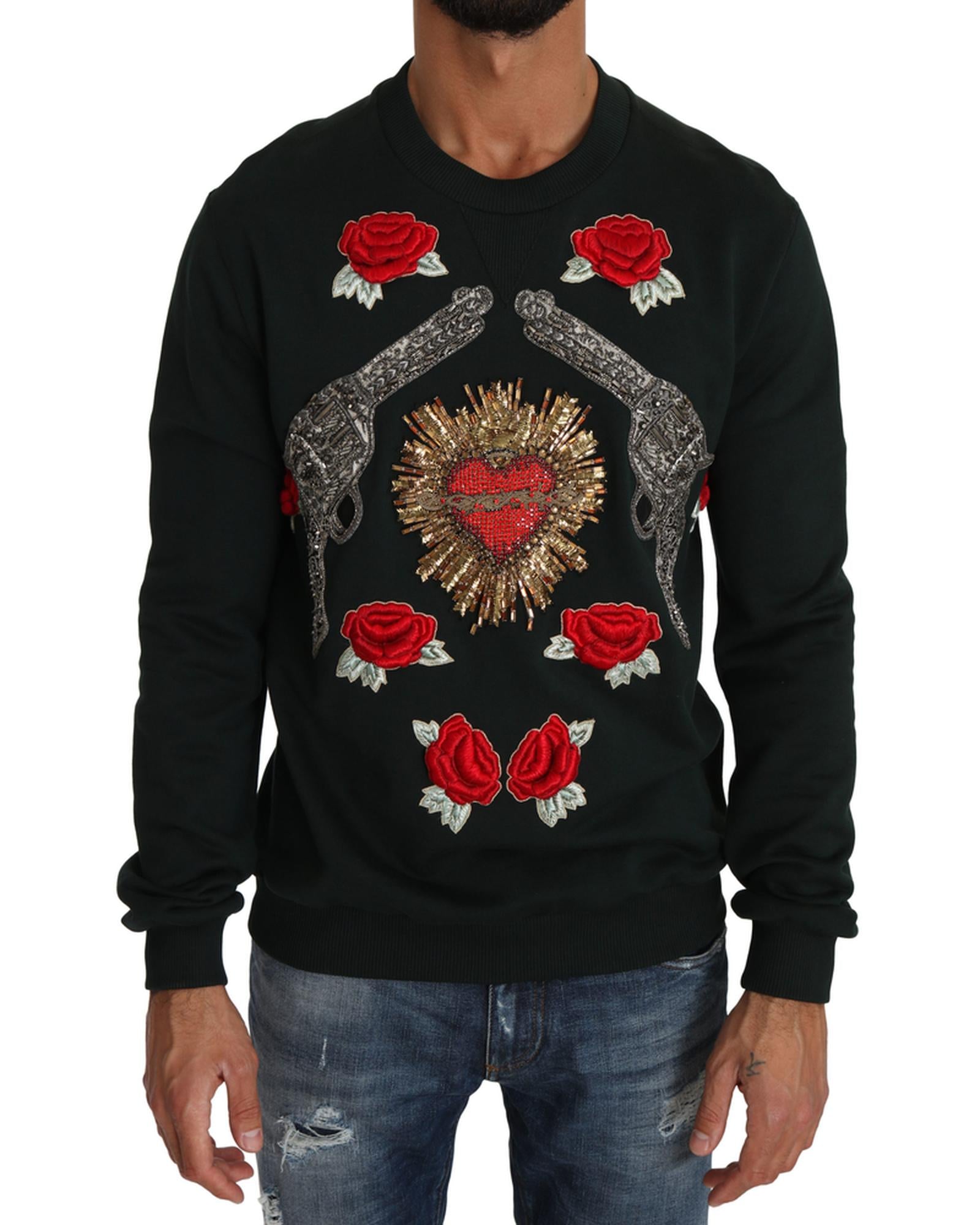 Dolce & Gabbana Green Cotton Crystal Heart Roses Embroidered Pullover Sweater 52 IT Men