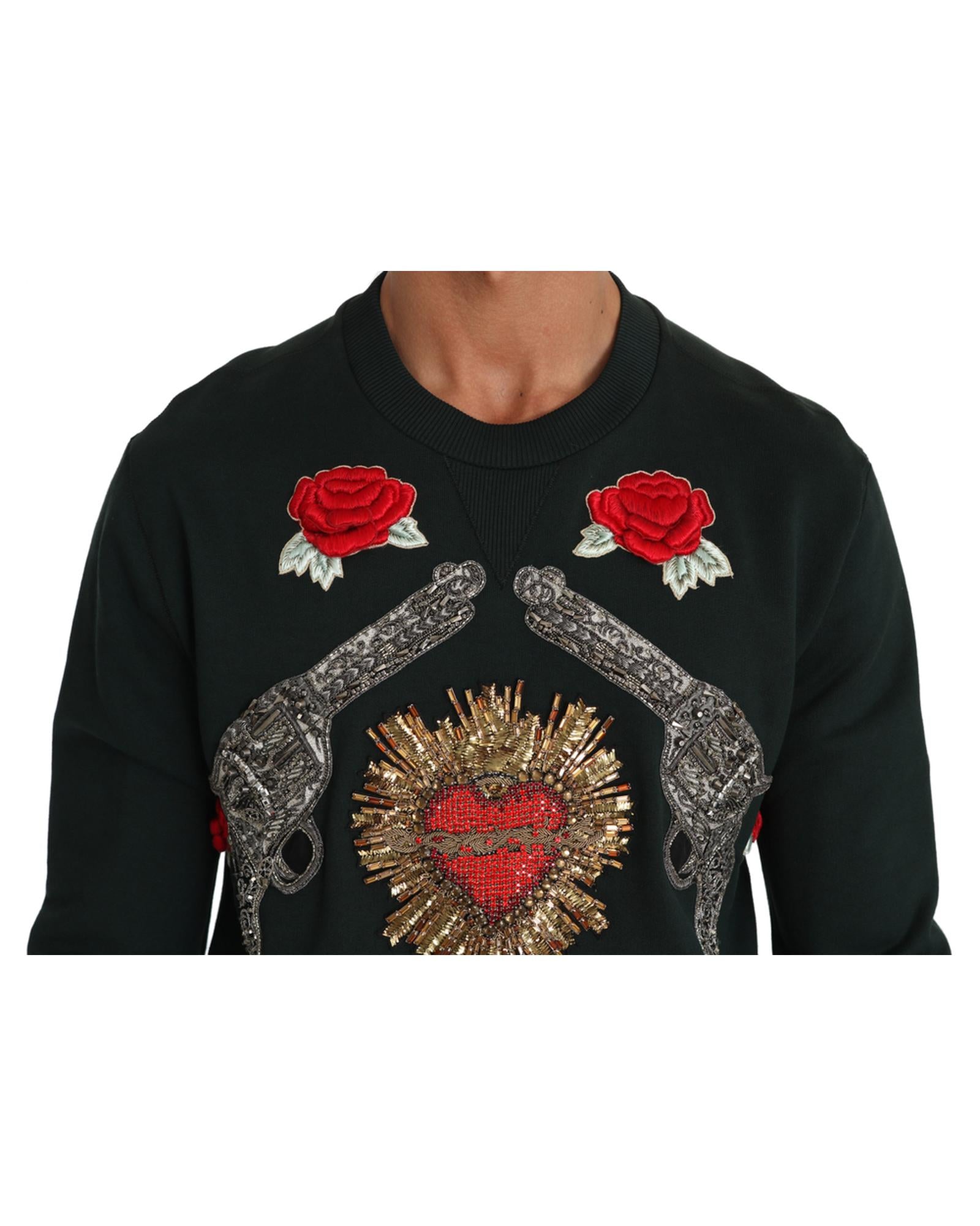 Dolce & Gabbana Green Cotton Crystal Heart Roses Embroidered Pullover Sweater 52 IT Men