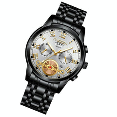 Men Multi-function Quartz Watch - Black Steel with White Face and Gold Accents