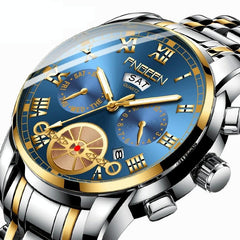 Men Multi-function Quartz Watch - Black Steel with White Face and Gold Accents