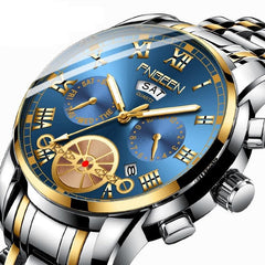 Men Multi-function Quartz Watch with Brown Leather Strap and Gold Black Dial