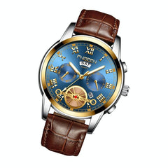 Men Multi-function Quartz Watch with Brown Leather Strap and Gold Blue Dial
