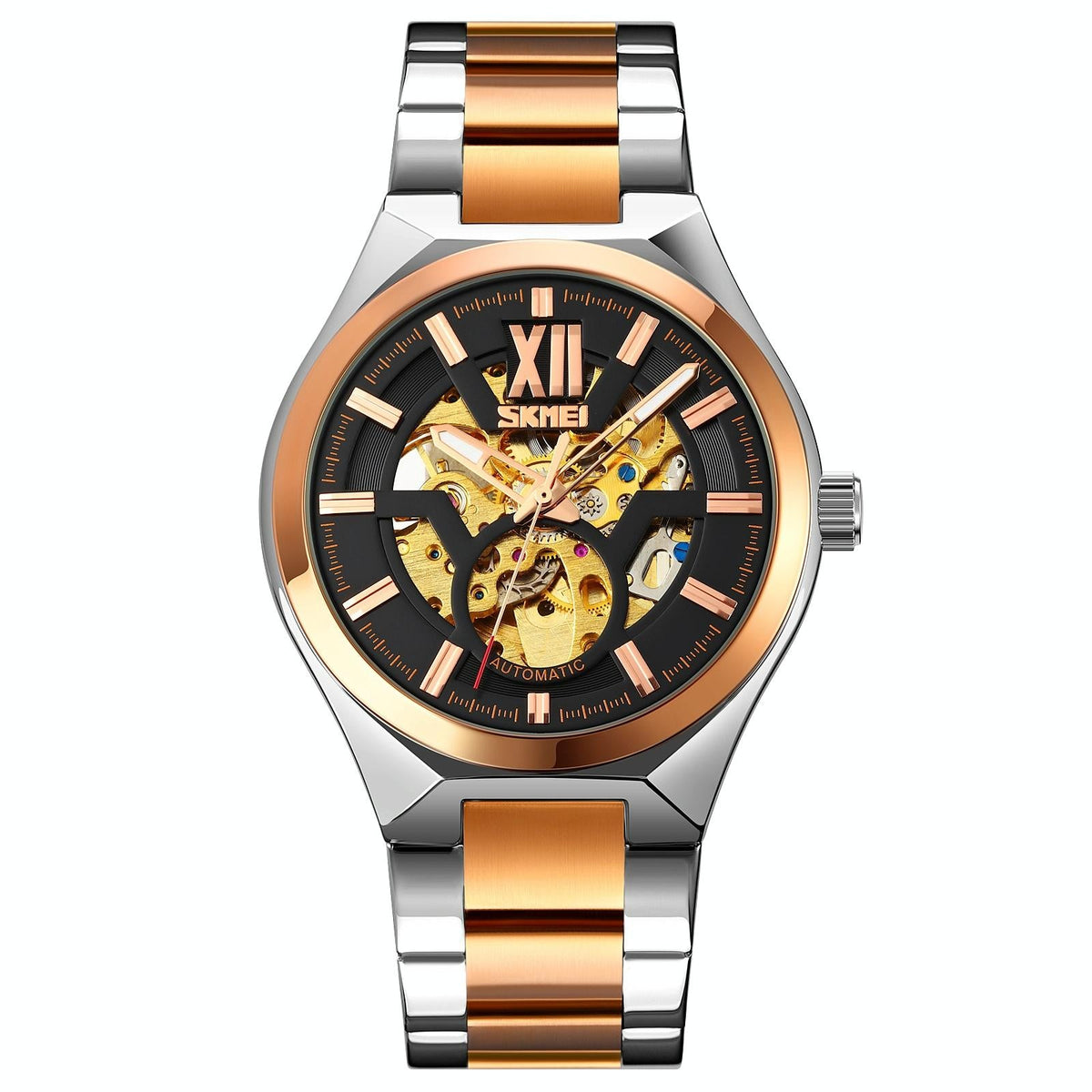 Men Automatic Mechanical Watch with Two-tone Stainless Steel Strap - Middle Rose Gold Shell Black Surface