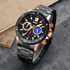 Stainless Steel Men Moonphase Quartz Watch with Strap - Black