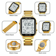 1888 Men Multifunctional Waterproof Digital Watch - Stainless Steel 30m - Gold