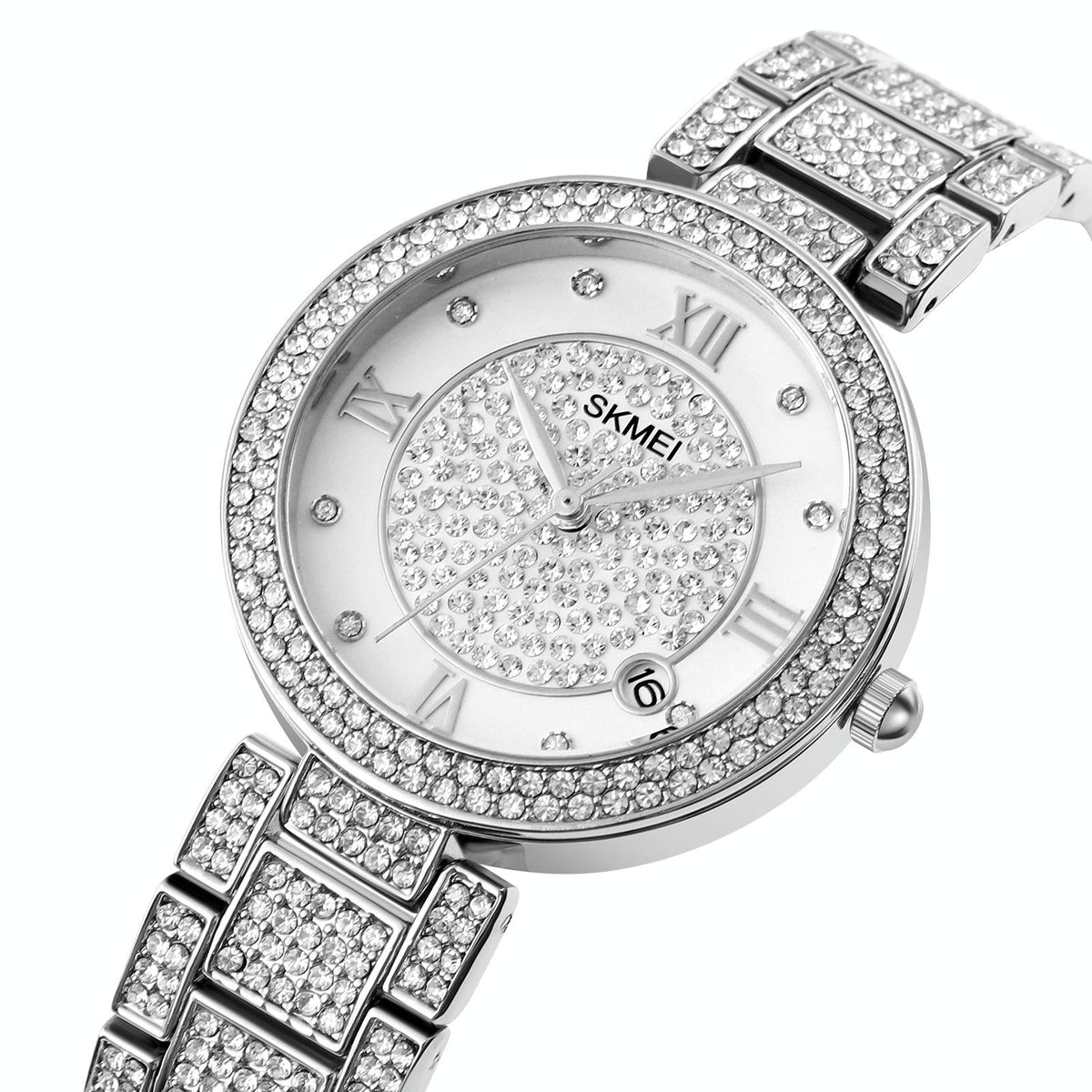 Women Quartz Watch with Diamond Roman Numerals and Round Dial - Silver