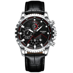 Stainless Steel Waterproof Men Sports Watch - Black Leather White Steel Black Surface